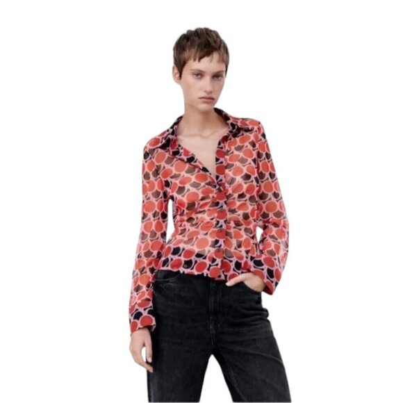 Zara Sheer Ruched Button Front Blouse Red Black Polka Dot - Picture 1 of 6